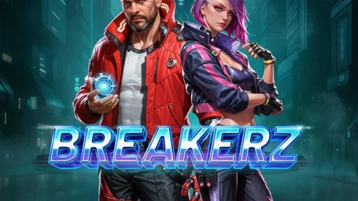 Interface do jogo de slot Breakerz com temática cyberpunk e luzes neon
